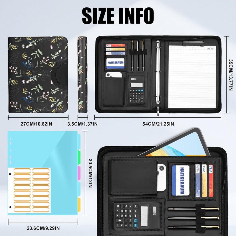 NATISERAUM Portfolio Binder 3 Ring Includes Pen and 5 Dividers with 10 Pockets, Padfolio Organizer with Zipper for Men and Women, Includes A4 Notepad for Business, School, Work - Image 4